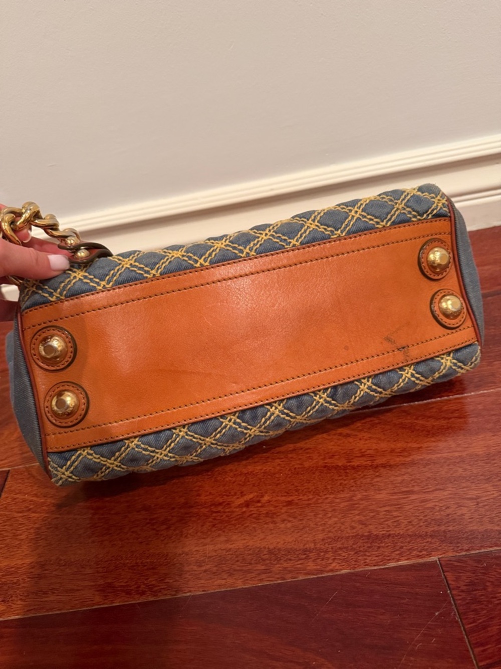 MARC JACOBS Woven Denim Barrel Handbag with Orange Ring Chain Handles - Picture 3 of 8